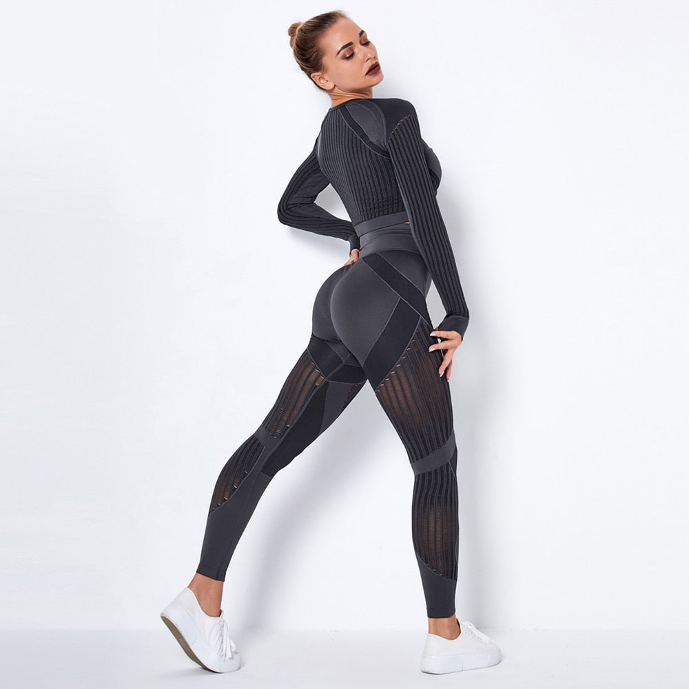 Women Seamless 2Pcs Long Sleeve Crop Top And Leggings