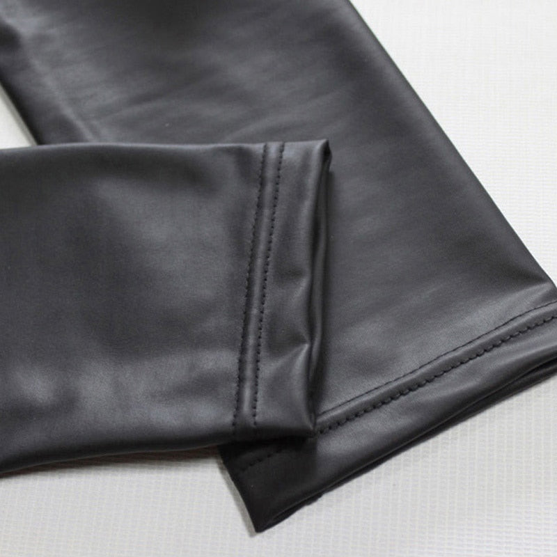 High Waist Polyurethane Stretch Leather Straight Leg Pants.