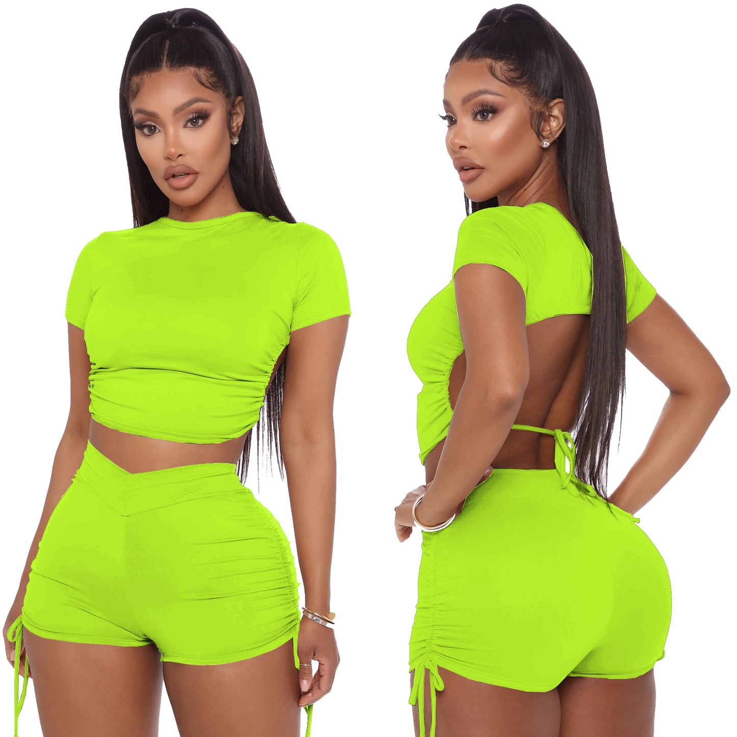 Two Piece Solid Open Back Crop Top With Matching Stacked Elastic Waist Shorts.