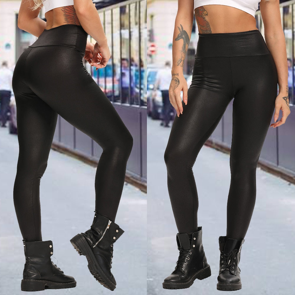 High Waist Polyurethane Stretch Leather Straight Leg Pants.