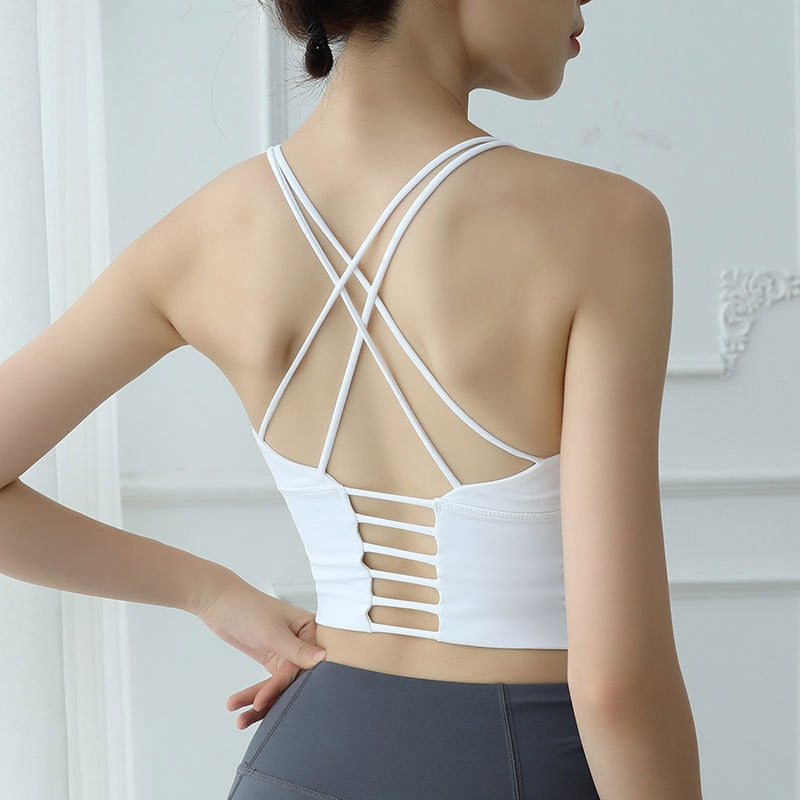 Backless Fitted Crop Top has Spaghetti Straps And Push Up Sports Bra.