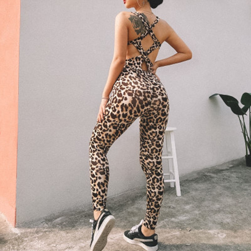 Seamless, Diamond Shape And Criss Cross Backless Leopard Print Sport Suit Set.