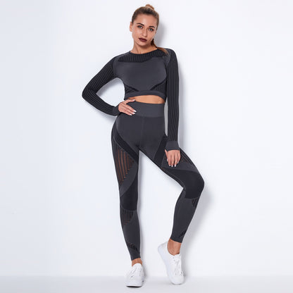 Women Seamless 2Pcs Long Sleeve Crop Top And Leggings