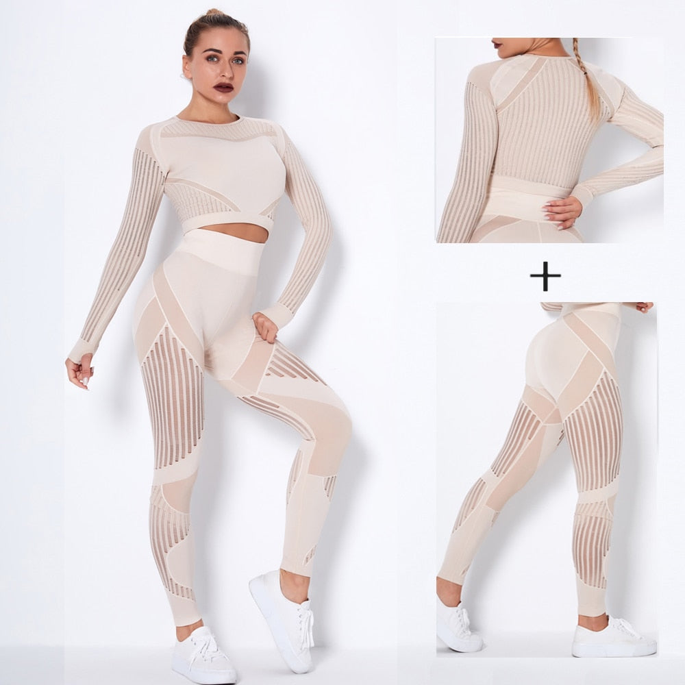 Women Seamless 2Pcs Long Sleeve Crop Top And Leggings