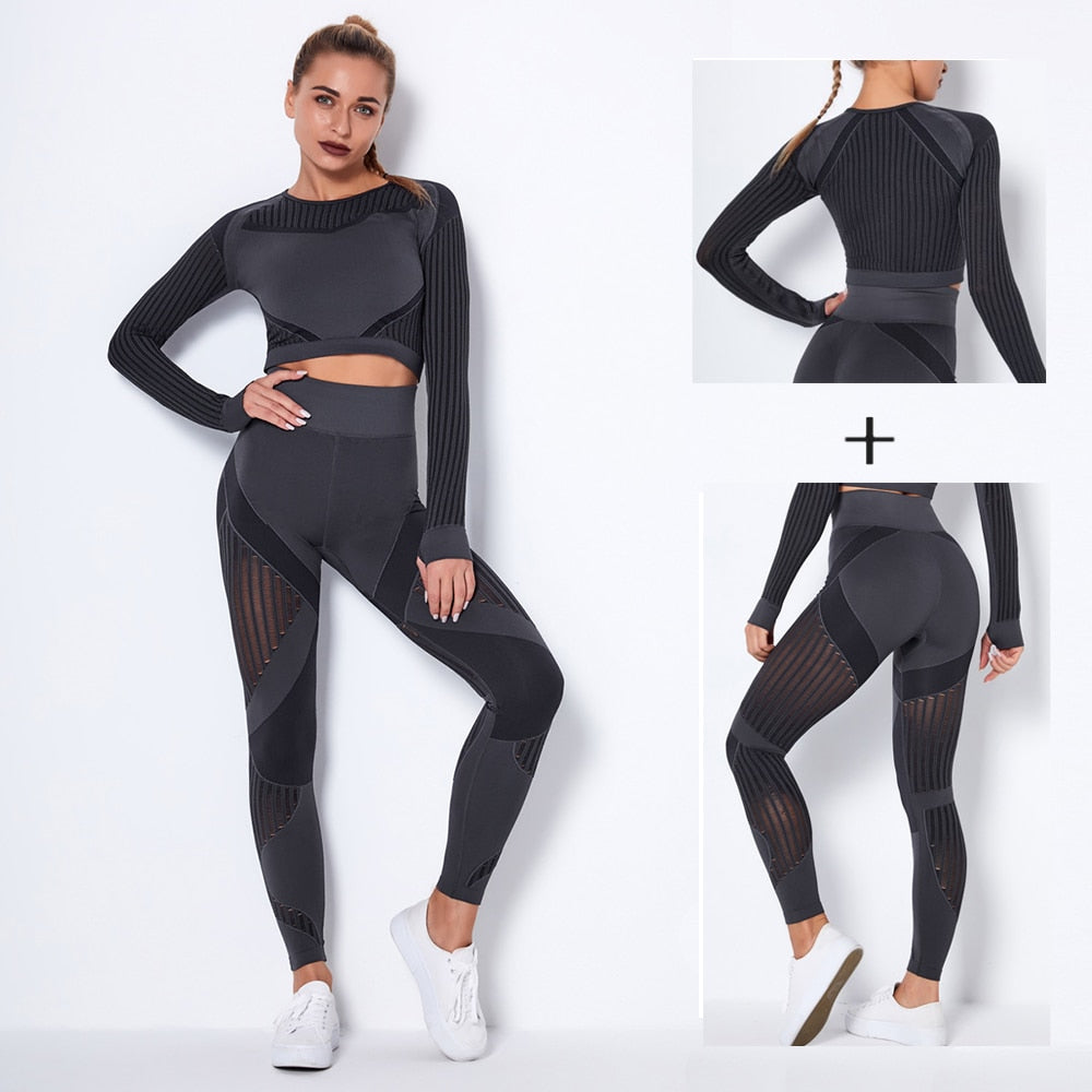 Women Seamless 2Pcs Long Sleeve Crop Top And Leggings