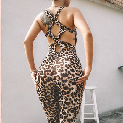 Seamless, Diamond Shape And Criss Cross Backless Leopard Print Sport Suit Set.