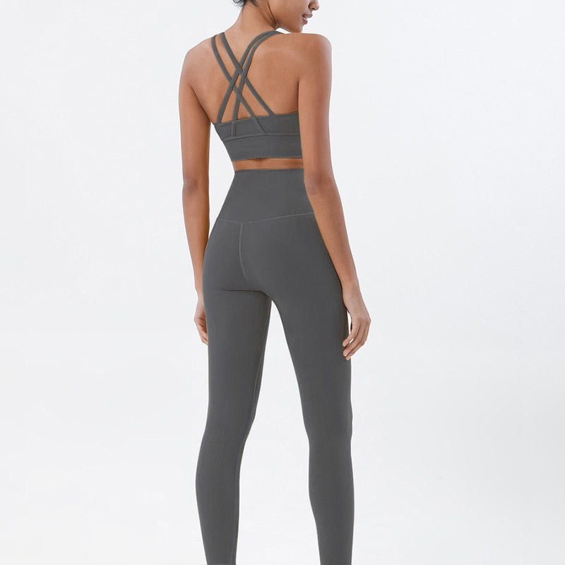 Women High Waisted 2 Piece Set Leggings And Sports Bra Top.