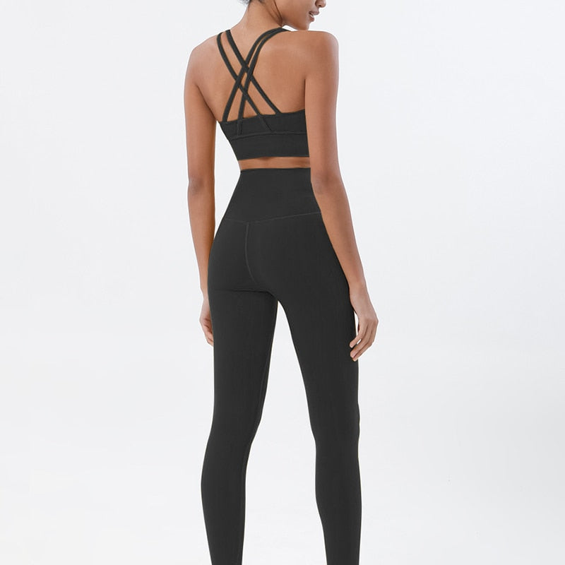 Women High Waisted 2 Piece Set Leggings And Sports Bra Top.