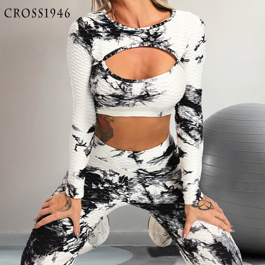 2 Pcs Abstract Print With High Waist Leggings And Long Sleeves Crop Top.
