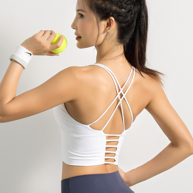 Backless Fitted Crop Top has Spaghetti Straps And Push Up Sports Bra.