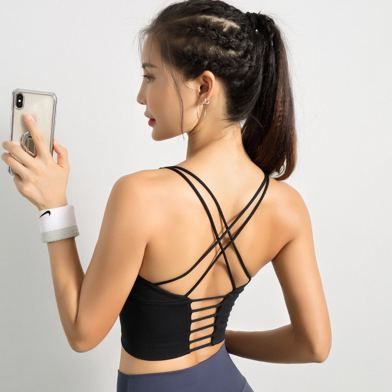 Backless Fitted Crop Top has Spaghetti Straps And Push Up Sports Bra.