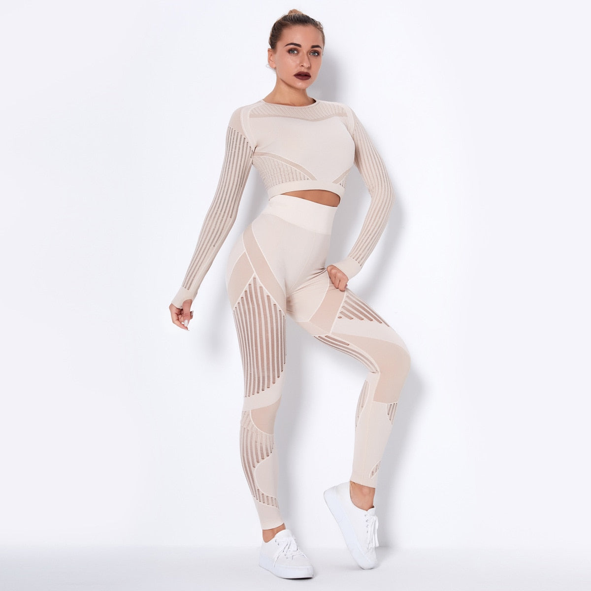 Women Seamless 2Pcs Long Sleeve Crop Top And Leggings