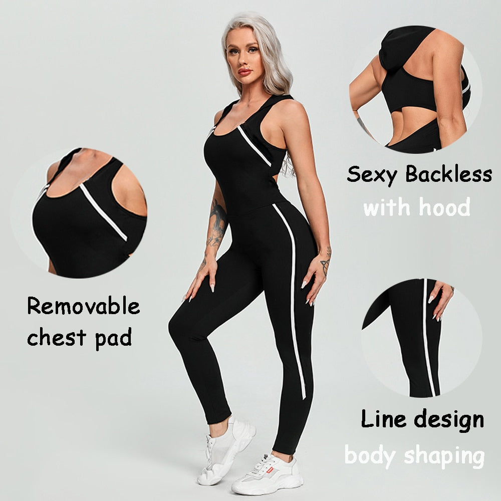 Hooded Jumpsuit That Is Backless And Perfect For Yoga, Sports, And Gym.