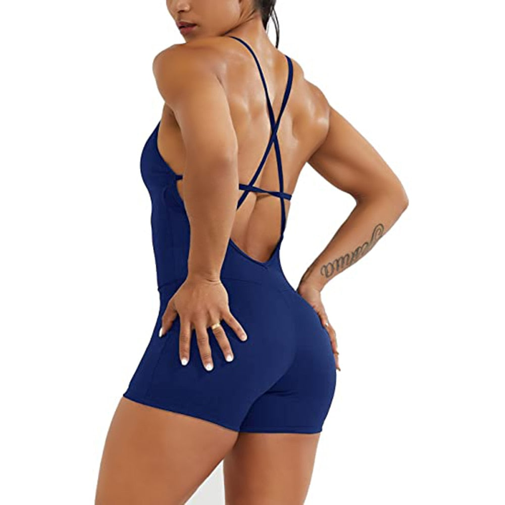 One-Piece Fitted Jumpsuit Shorts With Backless Crossed Spaghetti Straps.