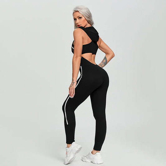 Hooded Jumpsuit That Is Backless And Perfect For Yoga, Sports, And Gym.