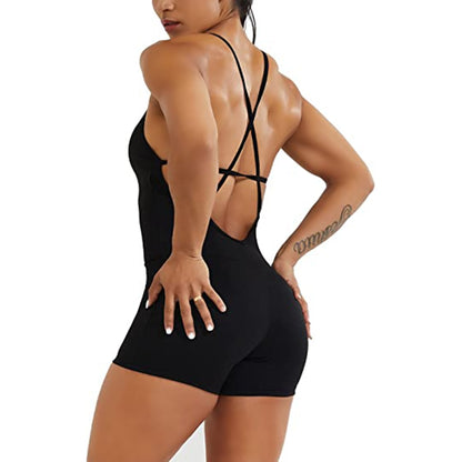 One-Piece Fitted Jumpsuit Shorts With Backless Crossed Spaghetti Straps.