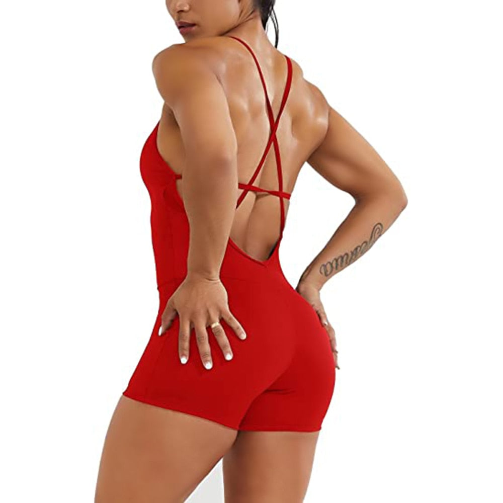 One-Piece Fitted Jumpsuit Shorts With Backless Crossed Spaghetti Straps.